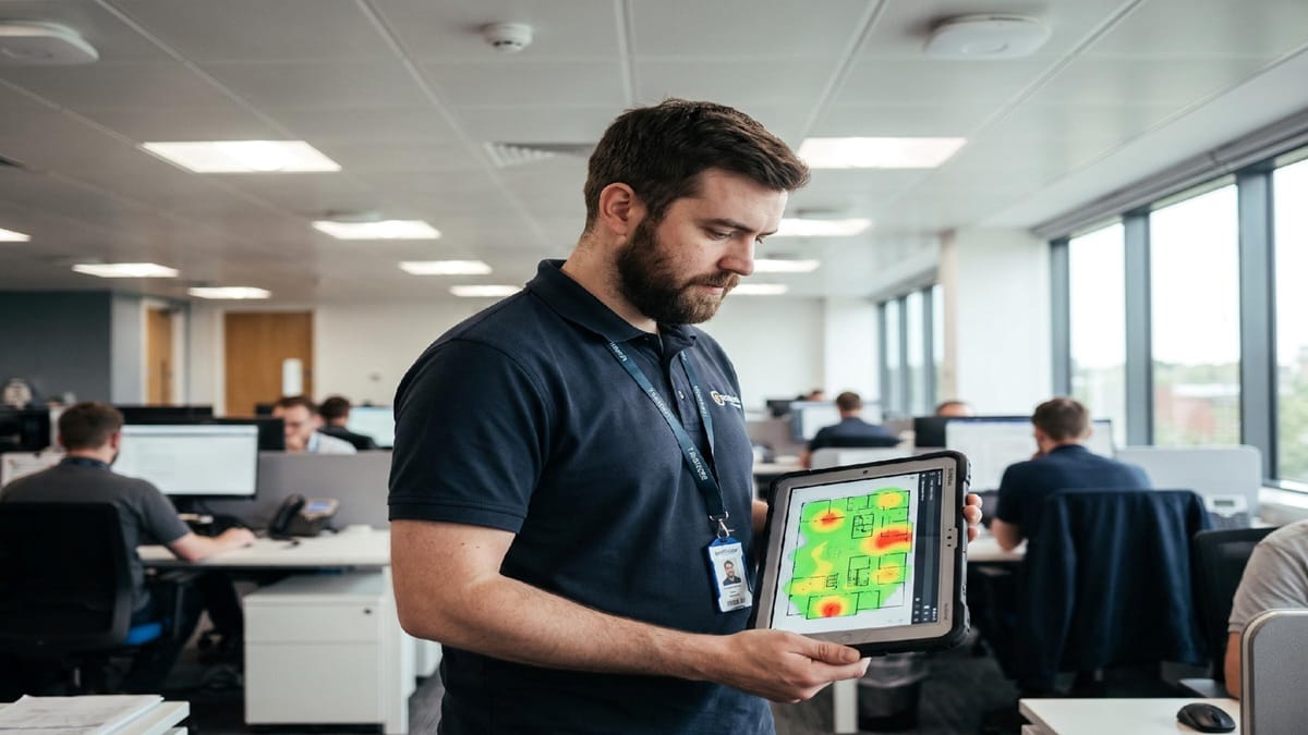 Why Enterprise Wireless Deployments Fail Without a Proper Site Survey 1 A network engineer conducting an on site wireless survey to map real world signal coverage