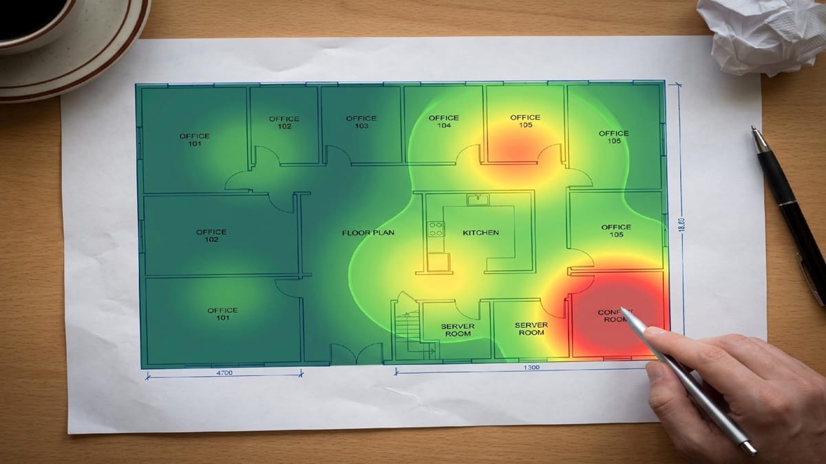 Why Enterprise Wireless Deployments Fail Without a Proper Site Survey 2 A predictive Wi Fi heatmap showing projected signal coverage across a facility floor plan